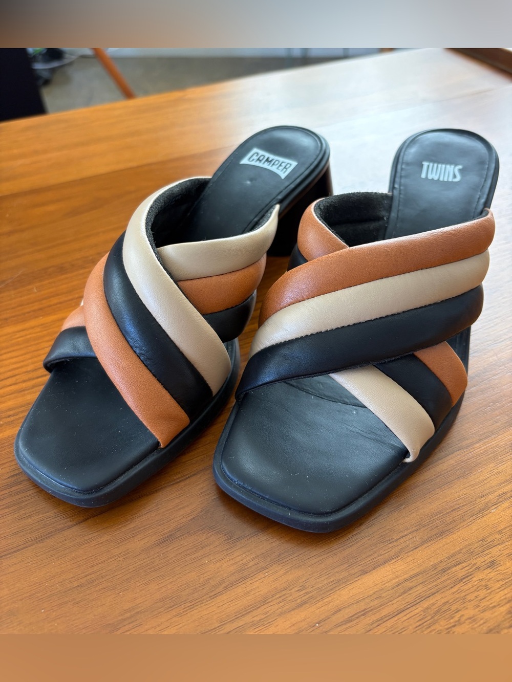 Camper Kiara Twins Leather Crisscross Slide Sandals Mules— Black, Tan & Cream 39